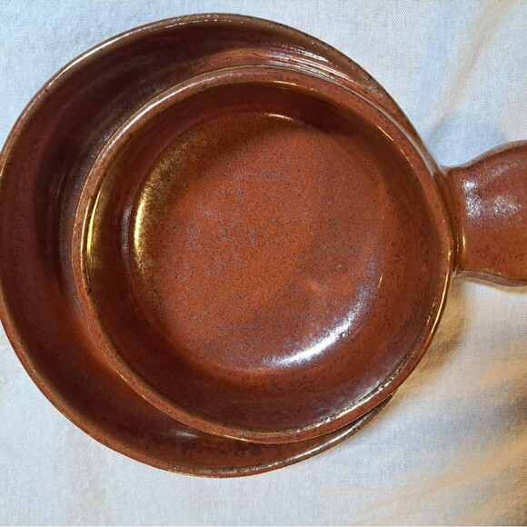 Handmade Pottery Double Circle Decorative Bowl Shimmery Orange-Brown Glaze Retro - Picture 6 of 7